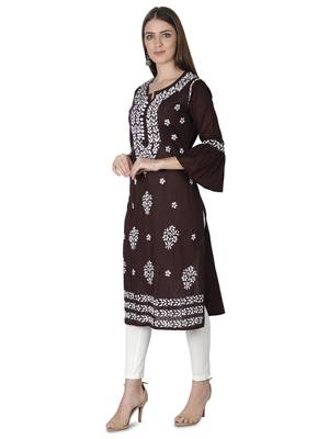 Hand Embroidered Dark Brown Cotton Lucknowi Chikankari Kurti 4