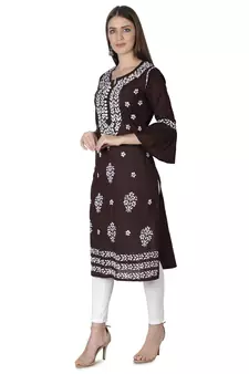 Hand Embroidered Dark Brown Cotton Lucknowi Chikankari Kurti
