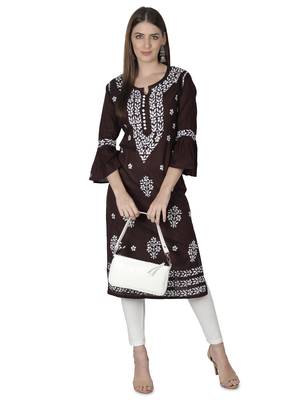 Hand Embroidered Dark Brown Cotton Lucknowi Chikankari Kurti 5