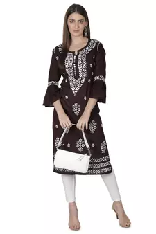 Hand Embroidered Dark Brown Cotton Lucknowi Chikankari Kurti
