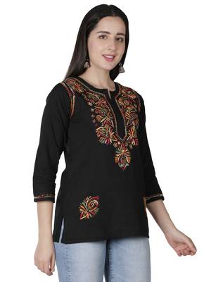Hand Embroidered Black Cotton Lucknowi Chikankari Kurti 3