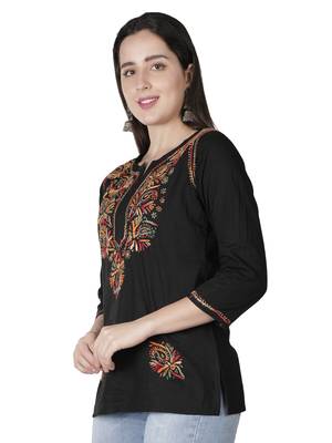 Hand Embroidered Black Cotton Lucknowi Chikankari Kurti 4