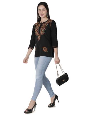 Hand Embroidered Black Cotton Lucknowi Chikankari Kurti 5