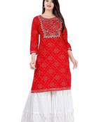 Red embroidered rayon embroidered-kurtis