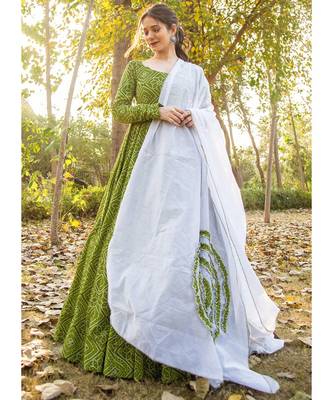 Olive Pure Silk Anarkali Salwar Kameez 1