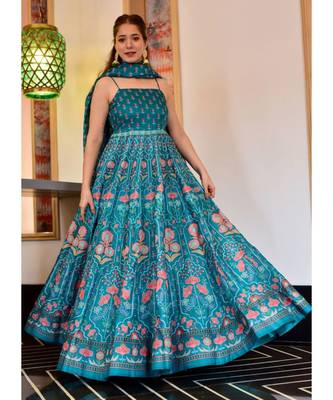 Teal Chanderi Silk Anarkali Salwar Kameez 1