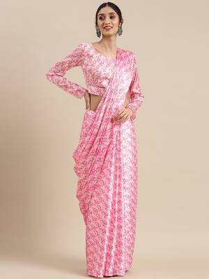 Baby Pink Color Japan Satin Printed Work Saree With Un Stitched Blouse  1