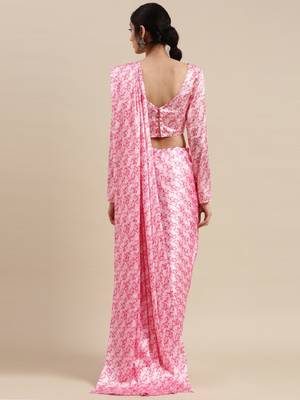 Baby Pink Color Japan Satin Printed Work Saree With Un Stitched Blouse  2