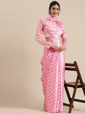 Baby Pink Color Japan Satin Printed Work Saree With Un Stitched Blouse  5