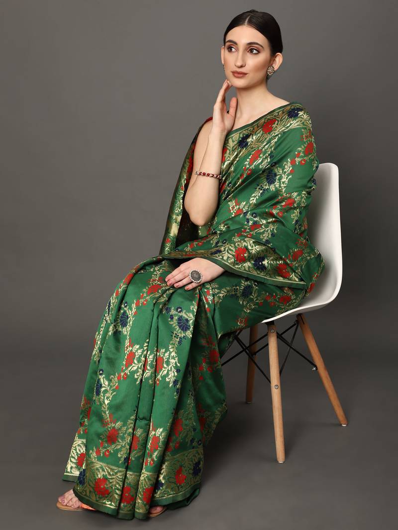 Glemora Green Beautiful Ethnic Wear Silk Blend Banarasi Traditional Saree
