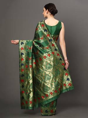 Glemora Green Beautiful Ethnic Wear Silk Blend Banarasi Traditional Saree 3