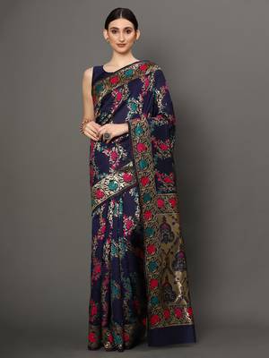 Glemora NevyBlue Beautiful Ethnic Wear Silk Blend Banarasi Traditional Saree 1