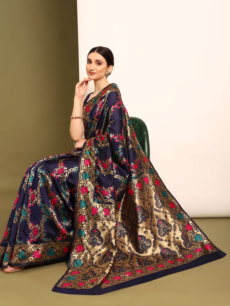 Glemora NevyBlue Beautiful Ethnic Wear Silk Blend Banarasi Traditional Saree