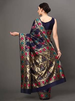 Glemora NevyBlue Beautiful Ethnic Wear Silk Blend Banarasi Traditional Saree 3