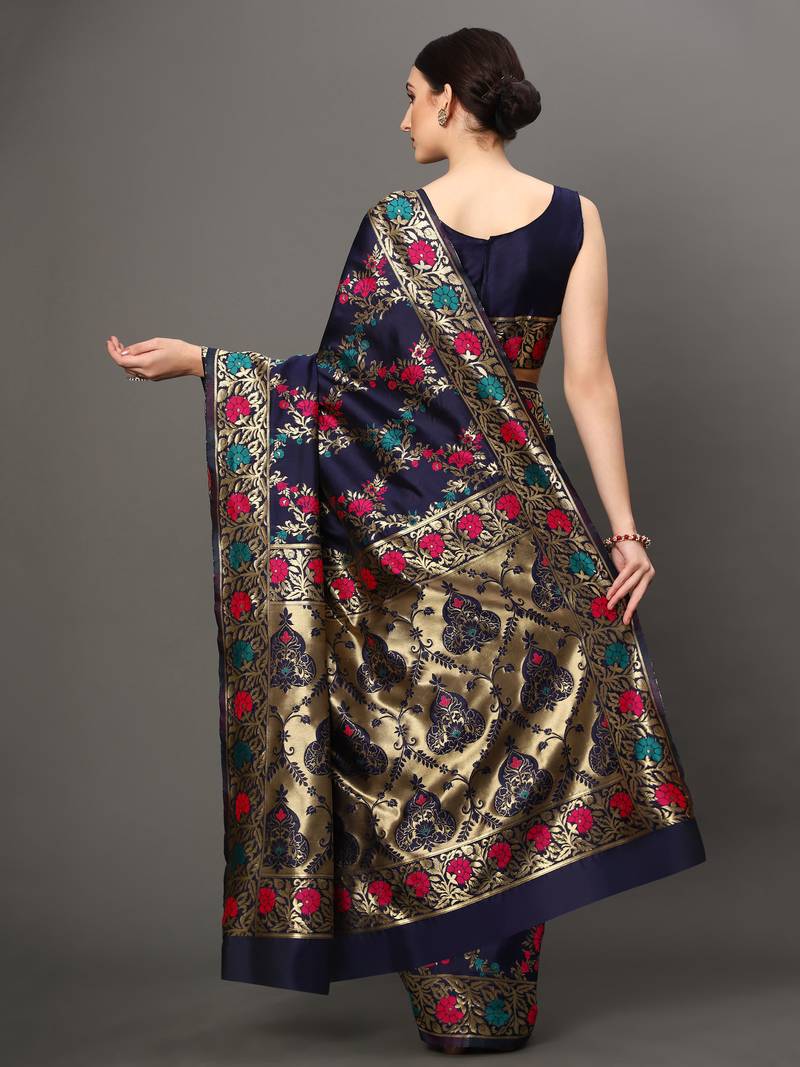 Glemora NevyBlue Beautiful Ethnic Wear Silk Blend Banarasi Traditional Saree