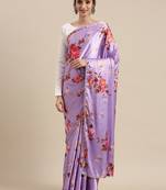 Lavender Color Heavy Japan Satin Printed With Pearl Lace Border Work Saree With Un Stitched Blouse