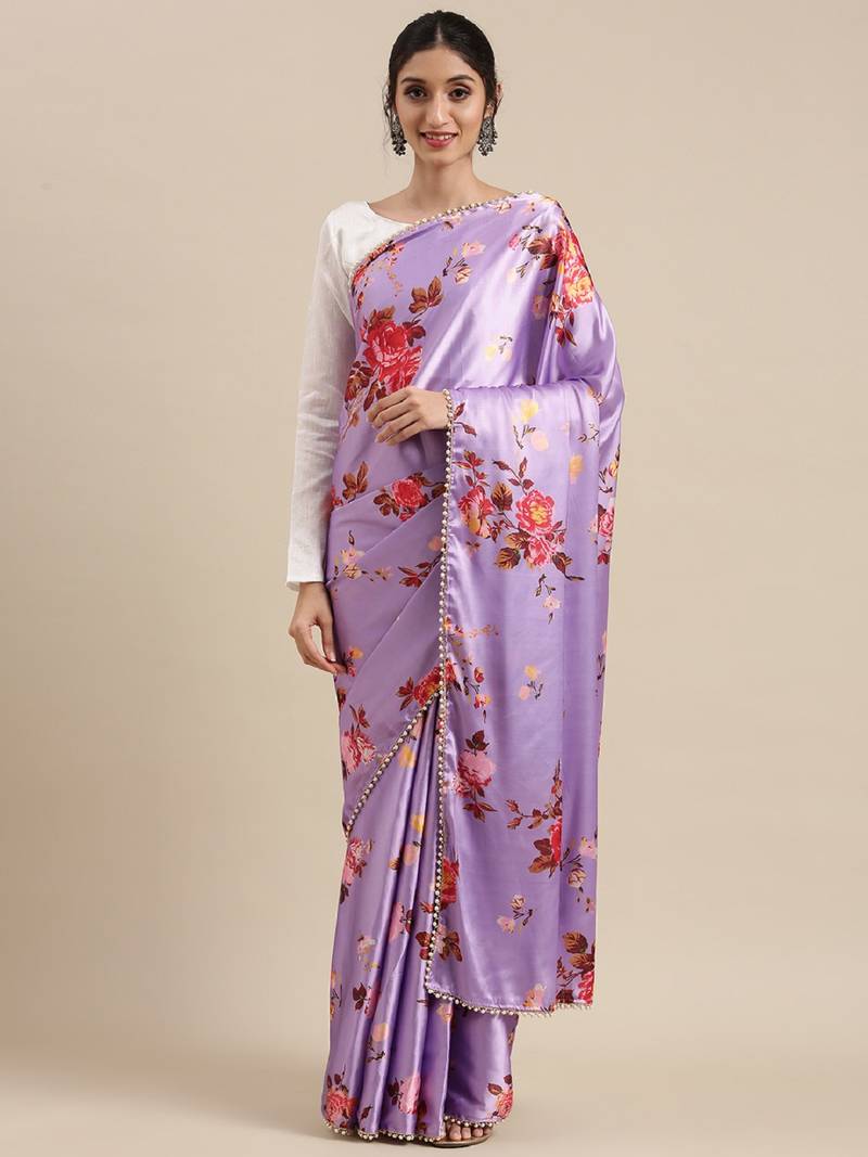 Lavender Color Heavy Japan Satin Printed With Pearl Lace Border Work Saree With Un Stitched Blouse