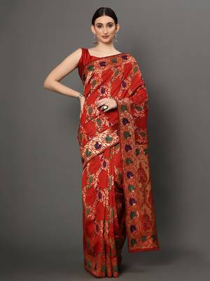 Glemora Red Beautiful Ethnic Wear Silk Blend Banarasi Traditional Saree 1