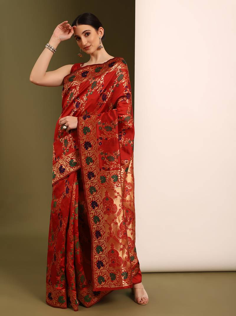 Glemora Red Beautiful Ethnic Wear Silk Blend Banarasi Traditional Saree