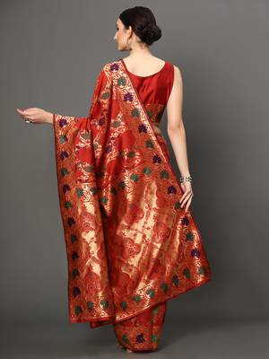 Glemora Red Beautiful Ethnic Wear Silk Blend Banarasi Traditional Saree 3