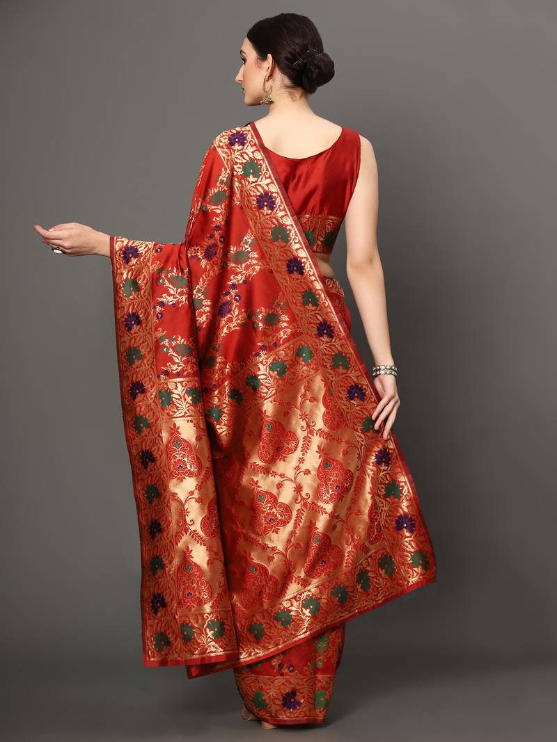 Glemora Red Beautiful Ethnic Wear Silk Blend Banarasi Traditional Saree