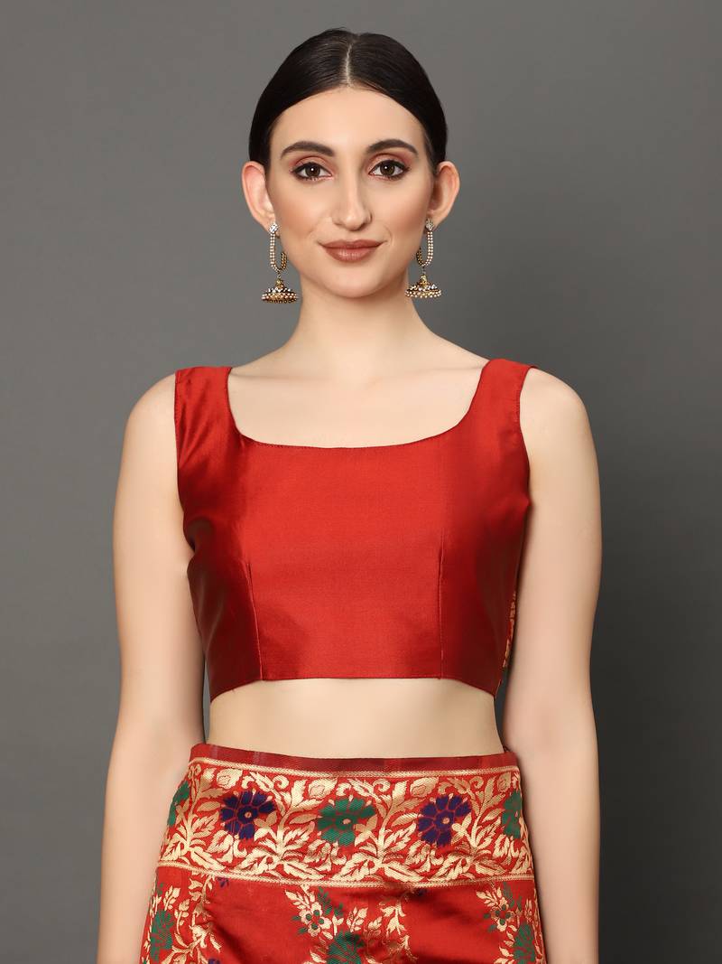 Glemora Red Beautiful Ethnic Wear Silk Blend Banarasi Traditional Saree