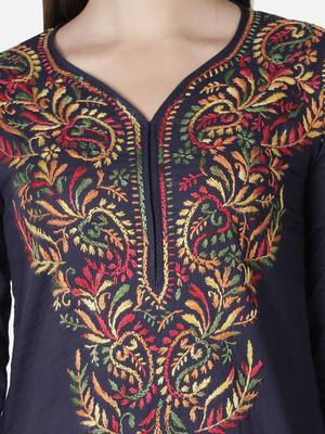 Hand Embroidered Navy Blue Cotton Lucknowi Chikankari Kurti 6