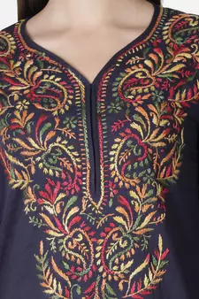 Hand Embroidered Navy Blue Cotton Lucknowi Chikankari Kurti