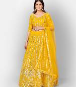 Yellow and SilverToned Embellished Mirror Work Semi stitched Lehenga and Unstitched Blouse With