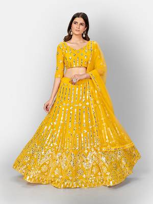 Yellow and SilverToned Embellished Mirror Work Semi stitched Lehenga and Unstitched Blouse With 4