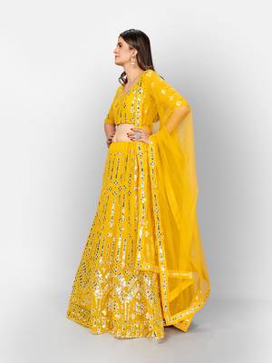 Yellow and SilverToned Embellished Mirror Work Semi stitched Lehenga and Unstitched Blouse With 6