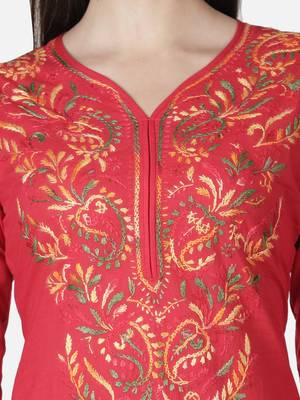 Hand Embroidered Red Cotton Lucknowi Chikankari Kurti 6