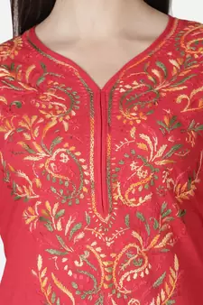 Hand Embroidered Red Cotton Lucknowi Chikankari Kurti