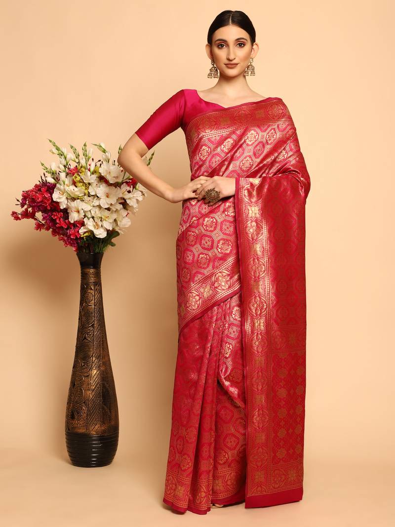 Glemora Pink Fancy Ethnic Wear Silk Blend Banarasi Traditional Saree