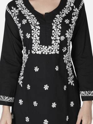 Hand Embroidered Black Cotton Lucknowi Chikankari Kurti 6
