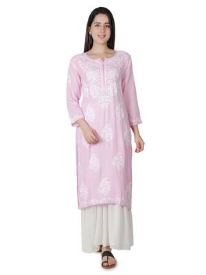 Hand Embroidered Pink Cotton Lucknowi Chikan Kurti 1
