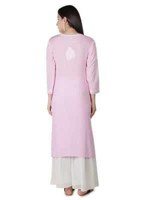 Hand Embroidered Pink Cotton Lucknowi Chikan Kurti 2