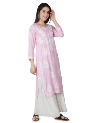 Hand Embroidered Pink Cotton Lucknowi Chikan Kurti 3
