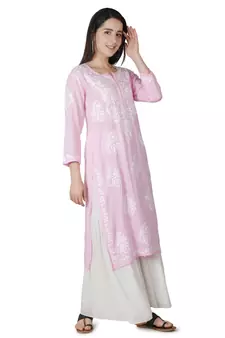 Hand Embroidered Pink Cotton Lucknowi Chikan Kurti