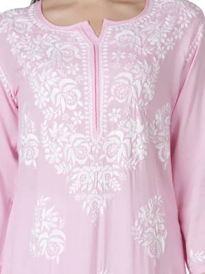 Hand Embroidered Pink Cotton Lucknowi Chikan Kurti 5