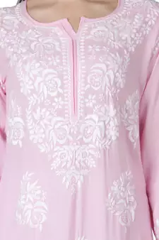 Hand Embroidered Pink Cotton Lucknowi Chikan Kurti