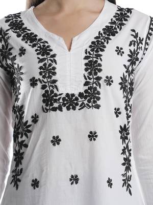 Hand Embroidered White Cotton Lucknowi Chikankari Kurti 6