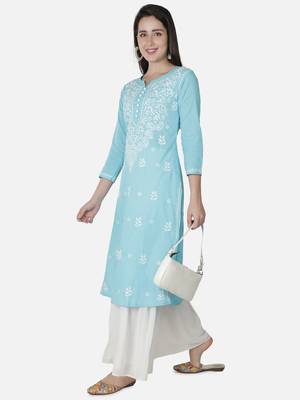 Seva Chikan Hand Embroidered Grey Cotton Lucknowi Chikankari Kurti 4