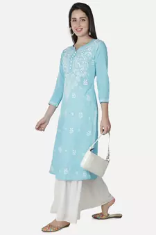 Seva Chikan Hand Embroidered Grey Cotton Lucknowi Chikankari Kurti