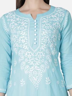 Seva Chikan Hand Embroidered Grey Cotton Lucknowi Chikankari Kurti 5