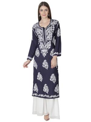 Hand Embroidered Navy Blue Cotton Lucknowi Chikankari Kurti 1
