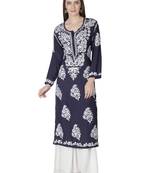 Hand Embroidered Navy Blue Cotton Lucknowi Chikankari Kurti