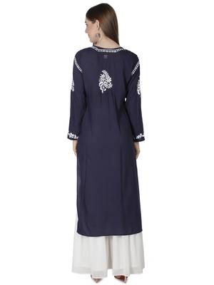 Hand Embroidered Navy Blue Cotton Lucknowi Chikankari Kurti 2