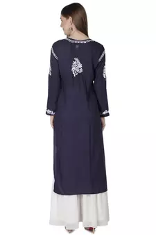 Hand Embroidered Navy Blue Cotton Lucknowi Chikankari Kurti