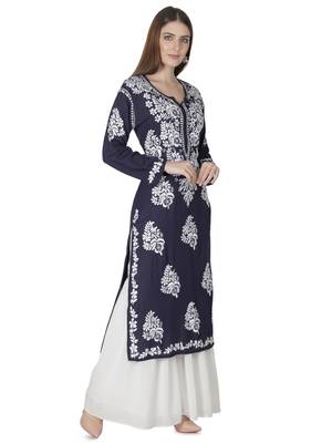 Hand Embroidered Navy Blue Cotton Lucknowi Chikankari Kurti 3